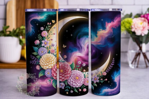 Floral Cosmic Moon Tumbler Wrap PNG Review