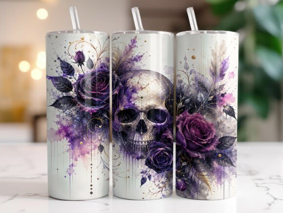 Purple Skull Floral Tumbler Wraps PNG Review